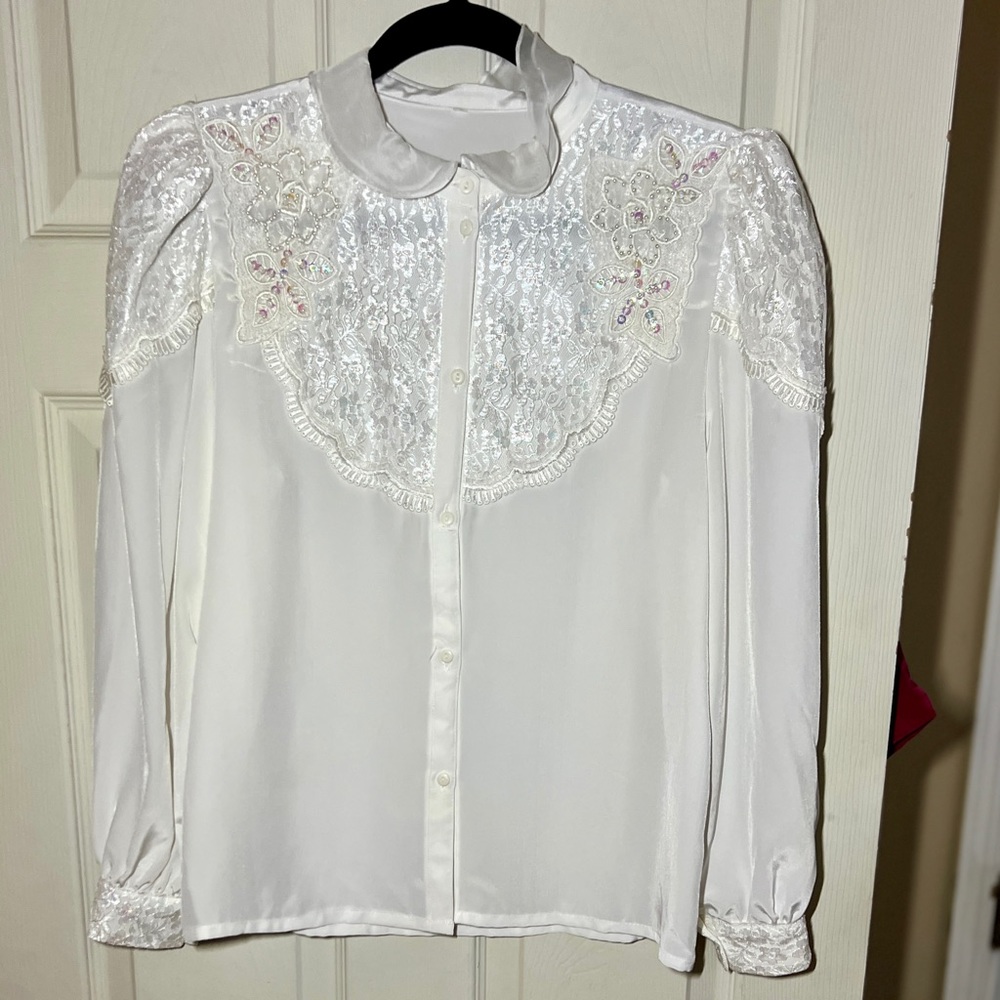 Elegant Women's Vintage Embroidered and Beaded Floral Silk Long Sleeve Blouse